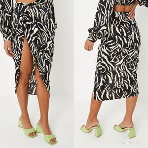 Missguided Zebra Tiger Animal Print Satin Midi Knee Length High Split Skirt